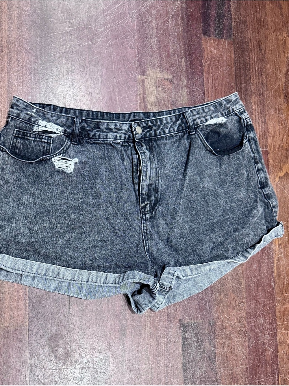 SHEIN Washed Black Distressed Rolled Hem Jean Shorts
